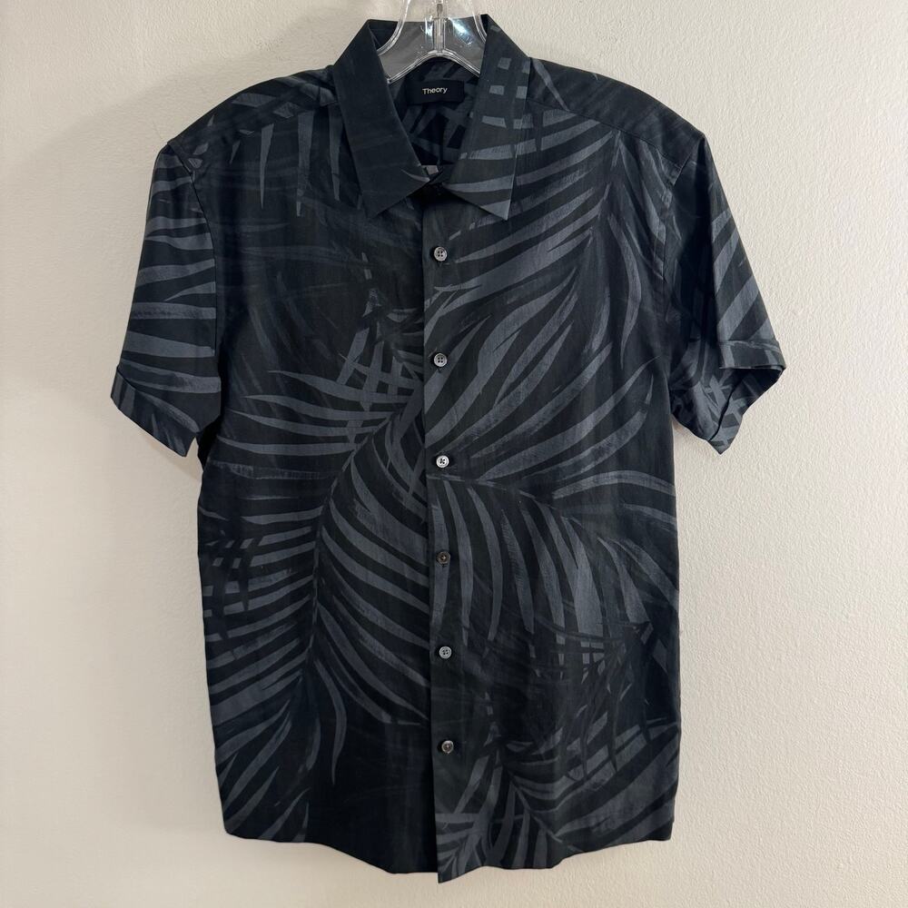 Theory Menlo Print Shirt Men S Black Gray Palm Leaf Short Sleeve Button Up